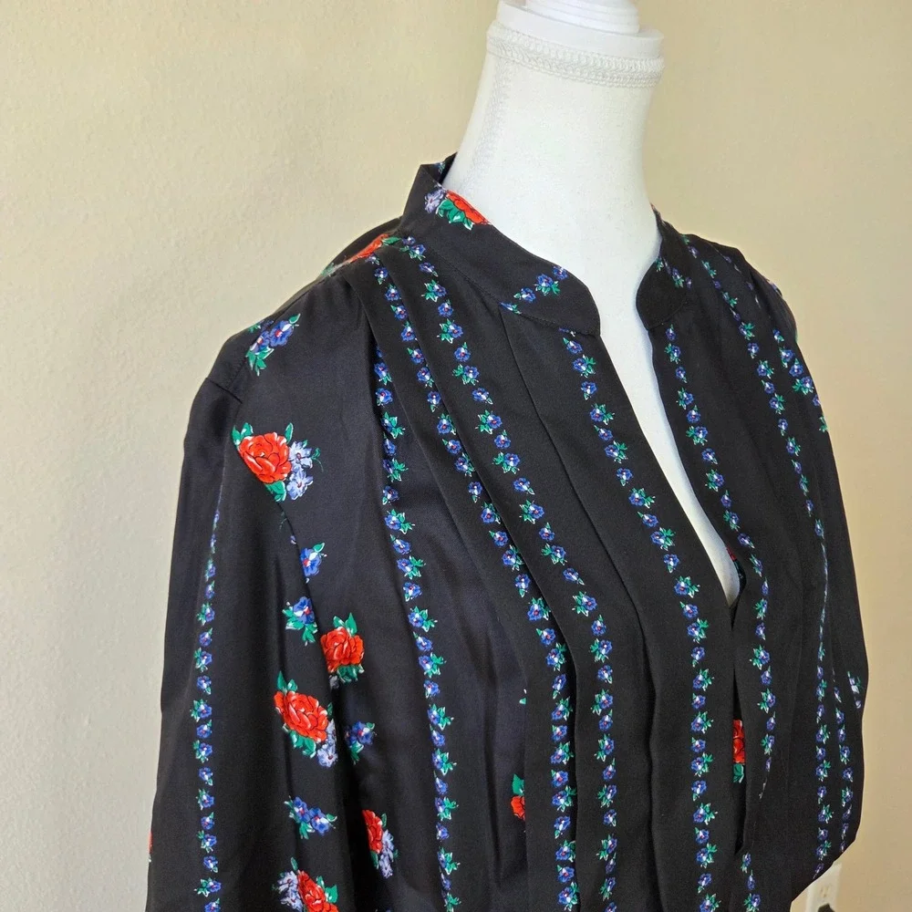 EUC Tory Burch Black 100% Silk Floral Rose Stripe Pleated Midi Dress Size 14 - Picture 2 of 7
